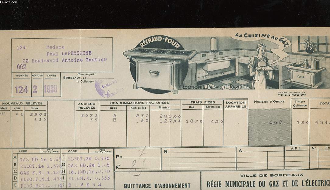 1 QUITTANCE D'ABONNEMENT VILLE DE BORDEAUX REGIE MUNICIPALE DU GAZ ET DE L'ELECTRICITE - LA CUISINE AU GAZ