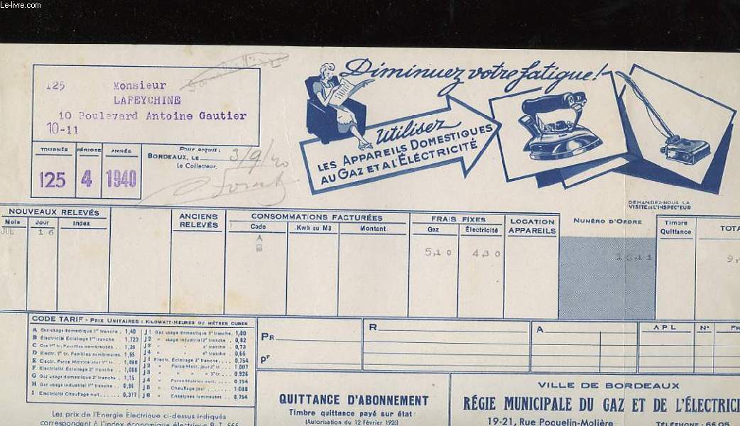 1 QUITTANCE D'ABONNEMENT DE LA VILLE DE BORDEAUX, REGIE MUNICIPALE DU GAZ ET D'ELECTRICITE