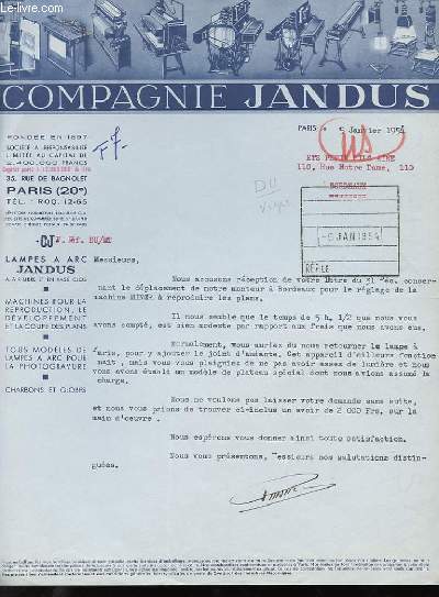 1 LETTRE ANCIENNE, COMPAGNIE JANDUS - LAMPES A ARC JANDUS, MACHINES POUR LA REPRODUCTION, LE DEVELOPPEMENT ET LA COUPE DES PLANS, TOUS MODELES DE LAMPES A ARC POUR LA PHOTOGRAVURE, CHARBONS ET GLOBES