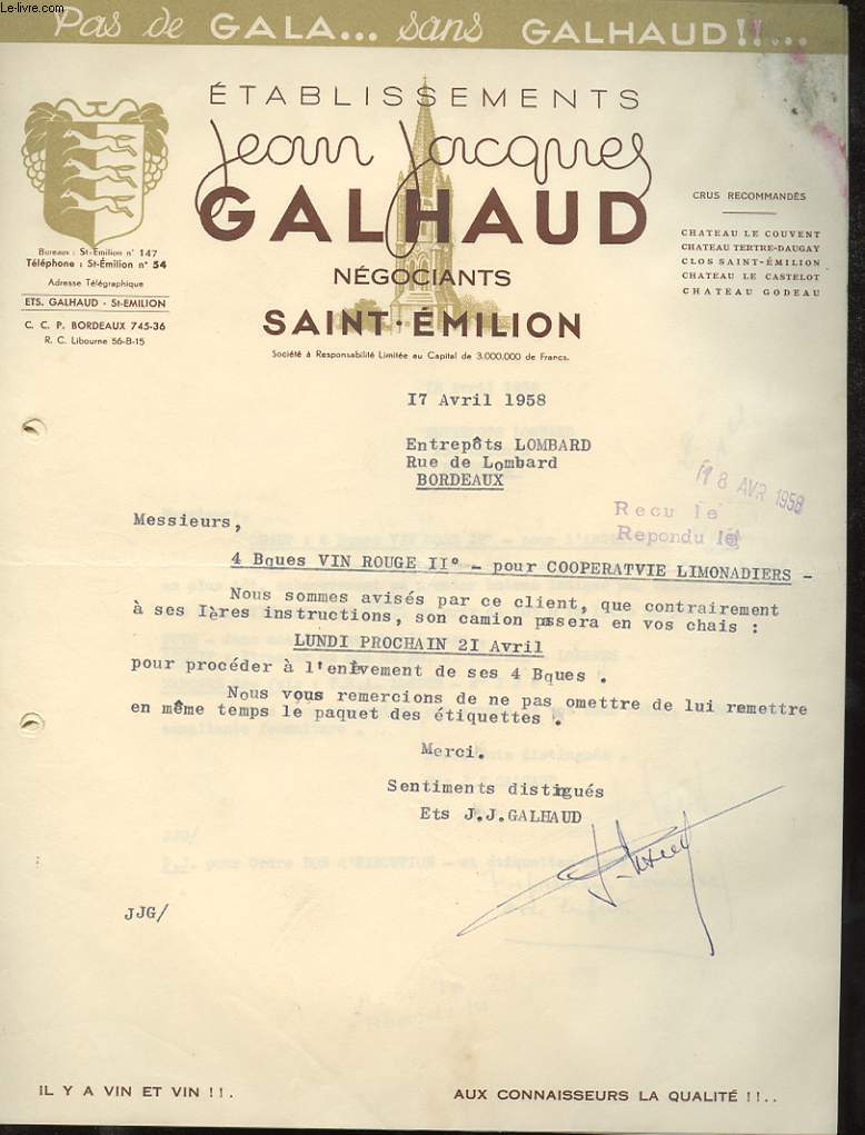 1 FACTURE ANCIENNE - ETABLISSEMENTS JEAN JACQUES GALHAUD NEGOCIANTS SAINT-EMILION