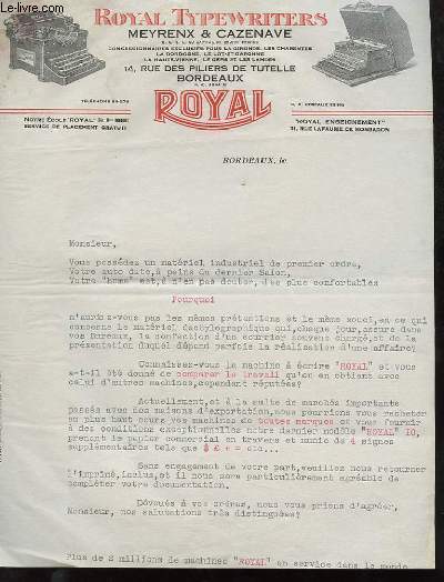 1 LETTRE ANCIENNE - ROYAL TYPEWRITERS MEYRENX & CAZENAVE A BORDEAUX, CONCESSIONNAIRES EXCLISIFS POUR LA GIRONDE, LES CHARENTES LA DORDOGNE, LE LOT-ET-GARONNE, LA HAUTE-VIEENNE, LE GERS ET LES LANDES