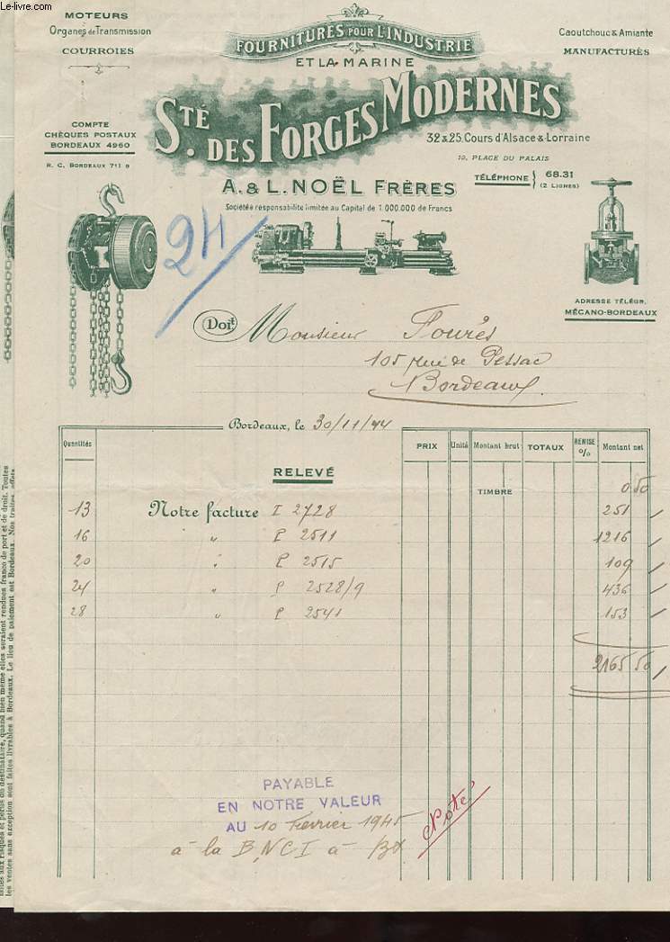 1 FACTURE ANCIENNE -FOURNITURES POUR L'INDUSTRIE ET LA MARINE STE FORGES MODERNES