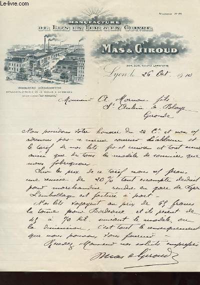 1 LETTRE ANCIENNE - MANUFACTURE DES LITS EN FER & EN CUIVRE MAS ET GIROUD - SOMMIERS METALLIQUES - RESSORTS D'ACIER POUR SIEGES ET SOMMIERS