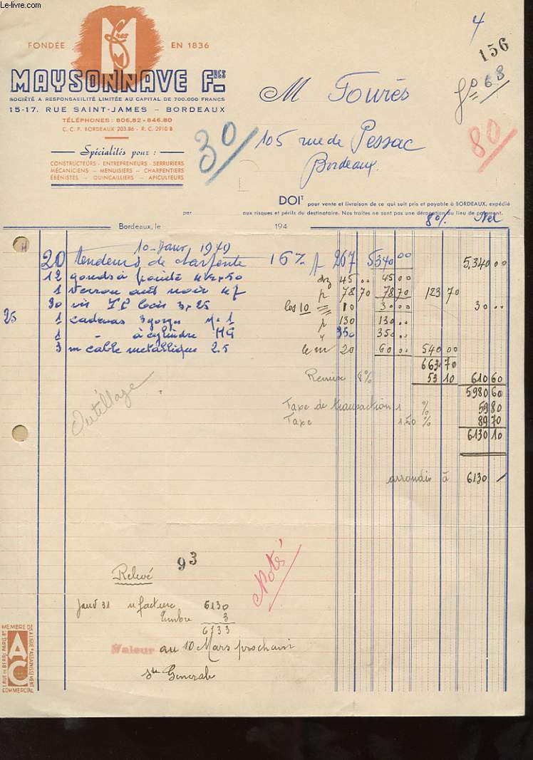 1 FACTURE ANCIENNE - MAYSONNAVE FBE - CONSTRUCTEURS, ENTREPRENEURS, SERRURIER, MECANICIENS, MENUISIERS, CHARPENTIERS, EBENISTES, QUINCAILLIERS, APICULTEURS