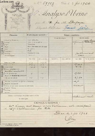 1 FACTURE ANCIENNE -A. VEILLE : PHARMACIEN DE 1 CLASSE : ANALYSE D'URINE