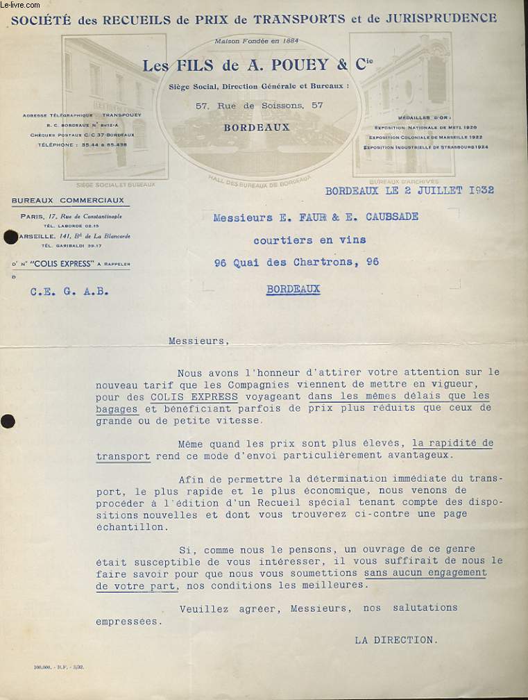 1 LETTRE ANCIENNE - SOCIETE DES RECUEILS DE PRIX DE TRANSPORTS ET DE JURISPRUDENCE - LES FILS DE A. POUEY ET CIE