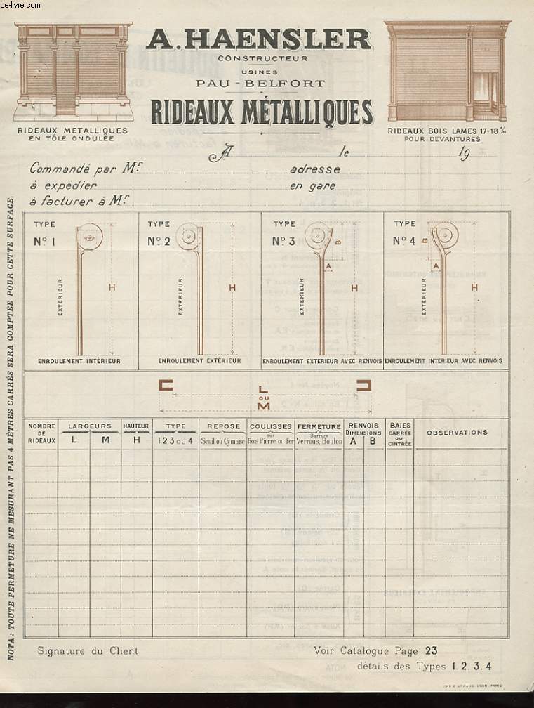 1 FACTURE ANCIENNE A. HAENSLER - RIDEAUX METALLIQUES