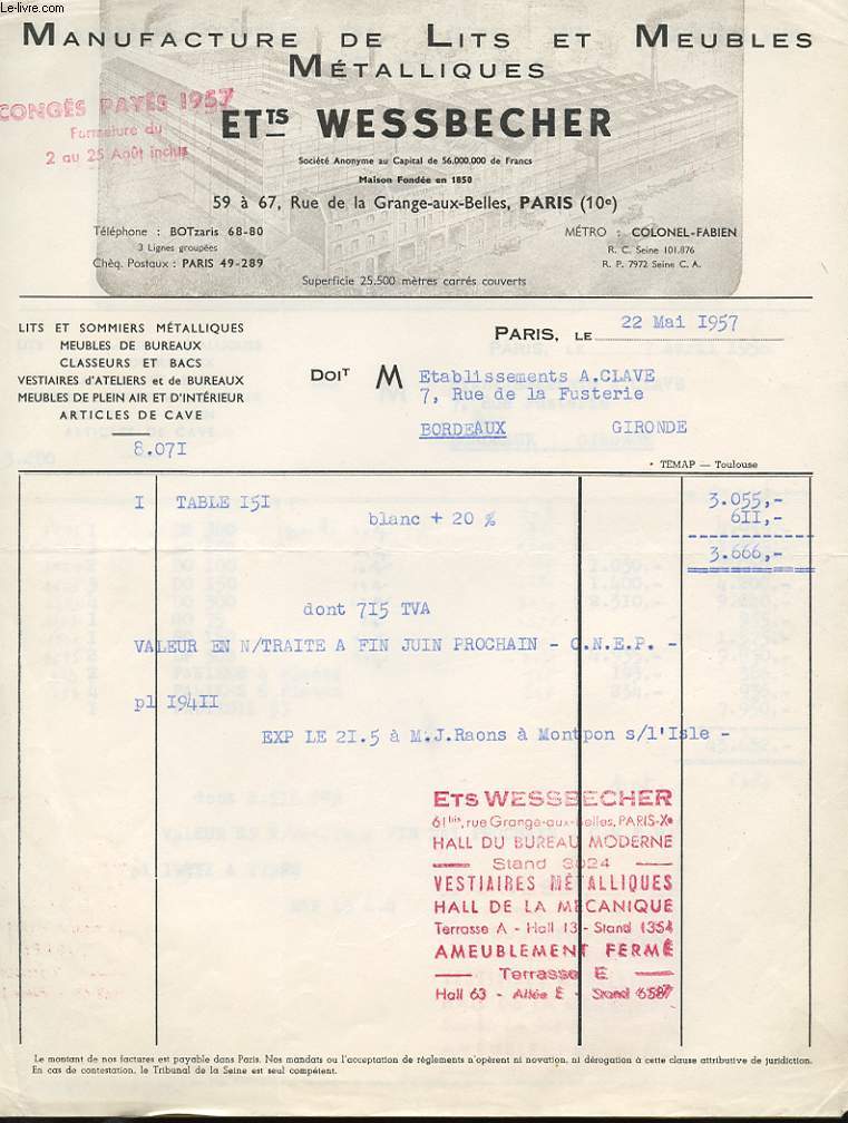 1 FACTURE ANCIENNE - MANUFACTURE DE LITS ET MEUBLES METALLIQUES ETTS WESSBECH... - Afbeelding 1 van 1