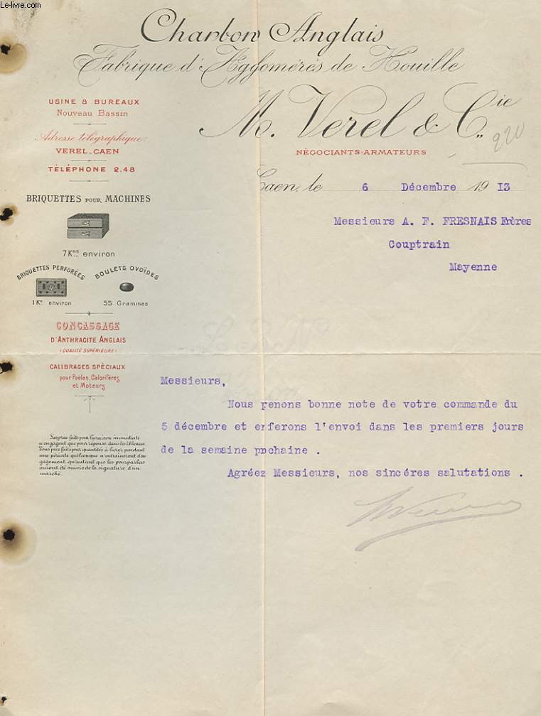 1 FACTURE ANCIENNE - CHARBON ANGLAIS - FABRIQUE D'AGLOMERES DE OUILLE - M. VERCEL ET CIE