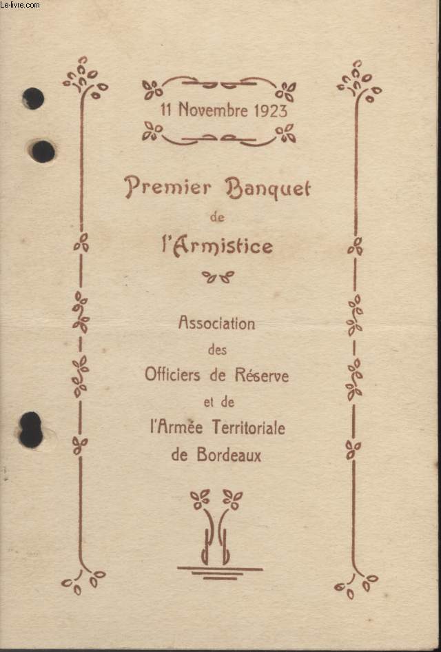 MENU - PREMIER BANQUET DE L'ARMISTICE