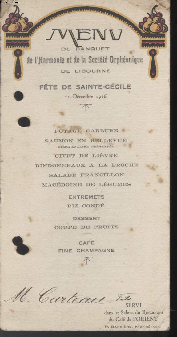 MENU - BANQUET DE L'HARMONIE ET DE LA SOCIETE ORPHEONIQUE