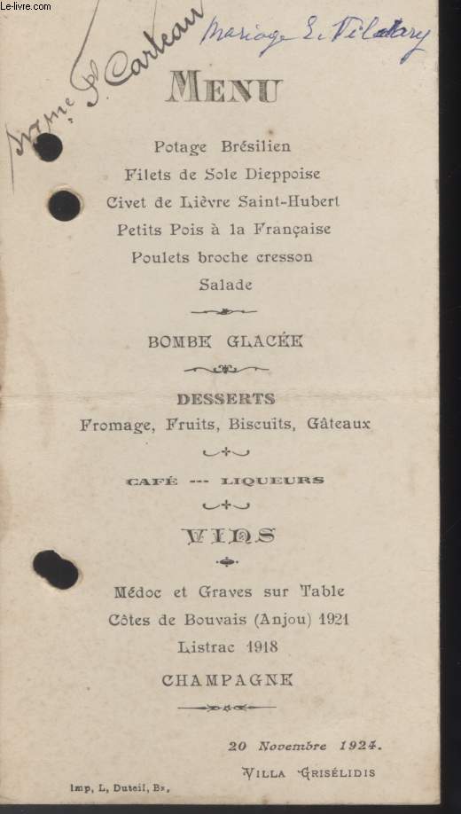 MENU - VILLA GRISELIDIS