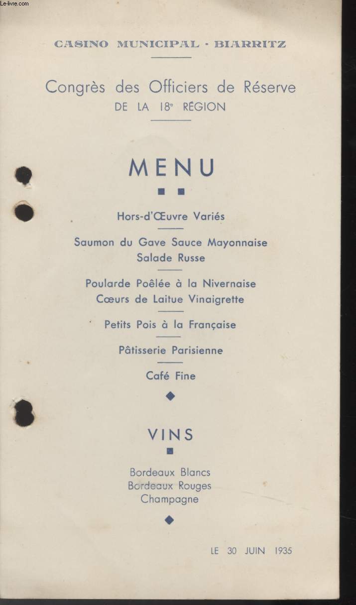 MENU - CASINO MUNICIPAL - BIARRITZ