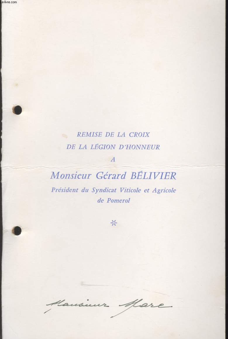 MENU - REMISE DE LA CROIX DE LA LEGION D'HONNEUR