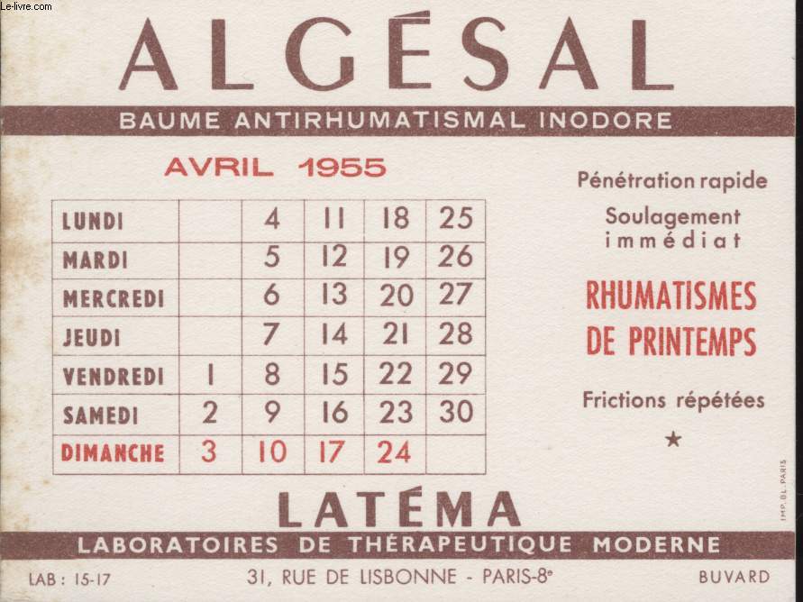 BUVARD - ALGESAL - BAUME ANTIRHUMATISMAL INODORE