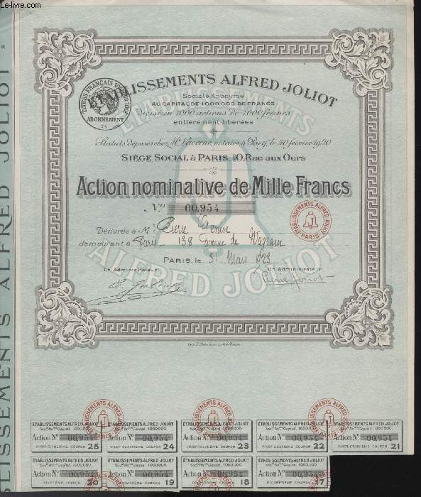 1 ACTION NOMINATIVE DE MILLE FRANCS - ETABLISSEMENT ALFRED JOLIOT