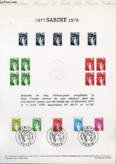 DOCUMENT PHILATELIQUE OFFICIEL N29-78 - SABINE 1977 1978 (N1971 1973 1974 1976 1978 YVERT ET TELLIER)