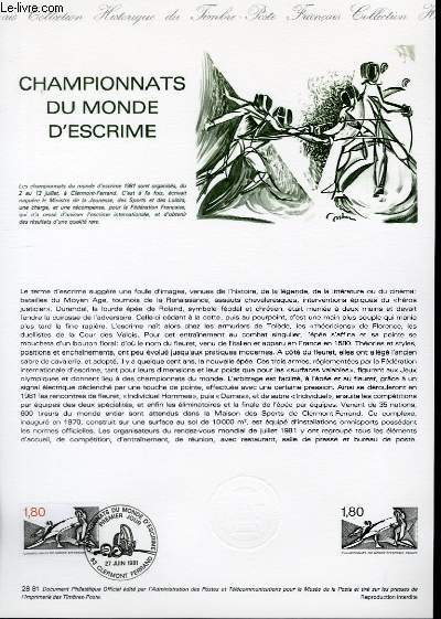 DOCUMENT PHILATELIQUE OFFICIEL N28-81 - CHAMPIONNAT DU MONDE D'ESCRIME (N2147 YVERT ET TELLIER)