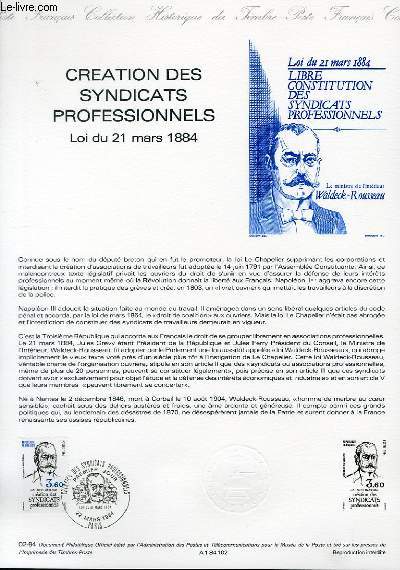 DOCUMENT PHILATELIQUE OFFICIEL N02-84 - CREATION DES SYNDICATS PROFESSIONNELS - LOI DU 21 MARS 1884 (N2305 YVERT ET TELLIER)