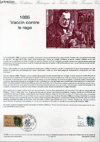 DOCUMENT PHILATELIQUE OFFICIEL N22-85 - 1885 VACCIN CONTRE LA RAGE (N2371 YVERT ET TELLIER)