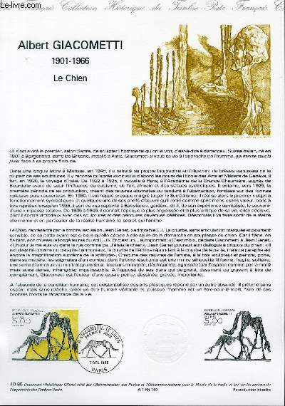 DOCUMENT PHILATELIQUE OFFICIEL N40-85 - ALBERT GIACOMETTI 1901-1966 - LE CHIEN (N2383 YVERT ET TELLIER)