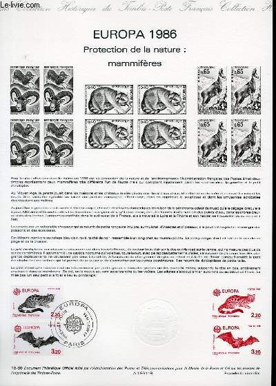 DOCUMENT PHILATELIQUE OFFICIEL N18-86 - EUROPA 1986 : PROTECTION DE LA NATURE : MAMMIFERES (N2416-17 YVERT ET TELLIER)