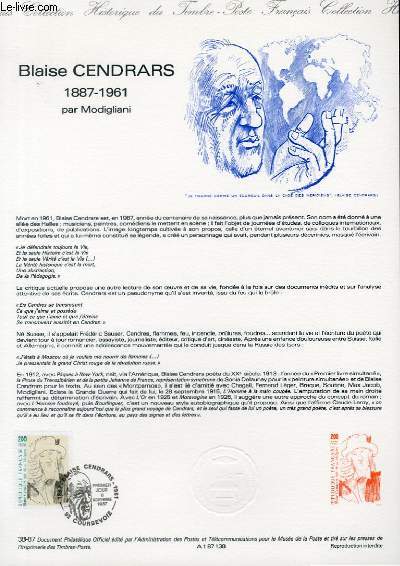 DOCUMENT PHILATELIQUE OFFICIEL N38-87 - BLAISE CENDRARS 1887-1961 PAR MODIGLIANI (N2497 YVERT ET TELLIER)