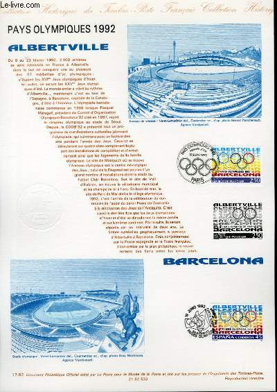 -DOCUMENT PHILATELIQUE OFFICIEL N17-92 - PAYS OLYMPIQUES 1992 - ALBERTVILLE - BARCELONA (N2760 YVERT ET TELLIER)