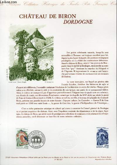 DOCUMENT PHILATELIQUE OFFICIEL N22-92 - CHATEAU DE BIRON DORDOGNE (N2763 YVERT ET TELLIER)