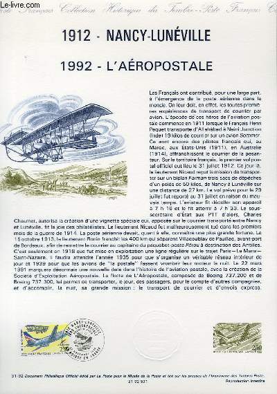 DOCUMENT PHILATELIQUE OFFICIEL N31-92 - 1912 - NANCY-LUNEVILLE - 1992 - L'AEROPOSTALE (N2778 YVERT ET TELLIER)