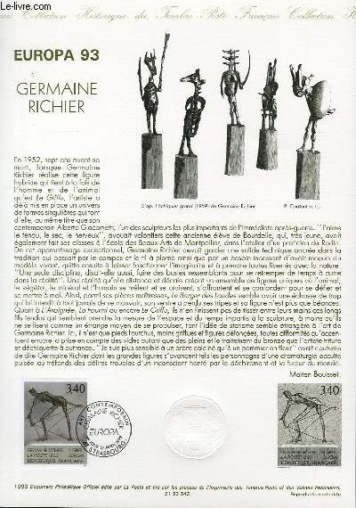 DOCUMENT PHILATELIQUE OFFICIEL - EUROPA 93 - GERMAINE RICHIER (N279 YVERT ET TELLIER)