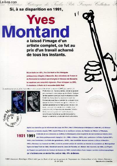 DOCUMENT PHILATELIQUE OFFICIEL - YVES MONTAND 1921-1991 (N2901 YVERT ET TELLIER)