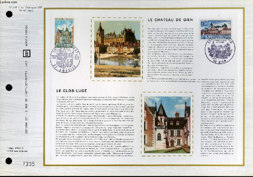 FEUILLET ARTISTIQUE PHILATELIQUE SUR SOIE - CEF - LE CHATEAU DE GIEN - LE CLOS-LUCE - N 244S - N61 SOIE