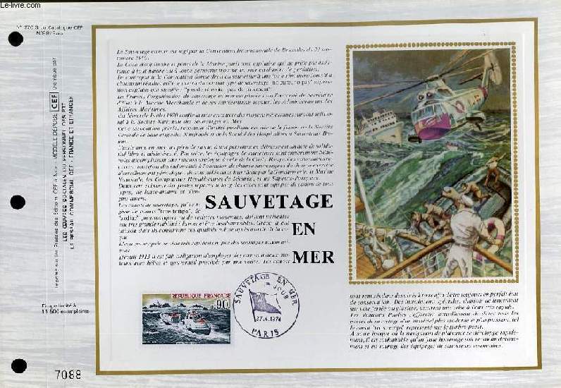 FEUILLET ARTISTIQUE PHILATELIQUE SUR SOIE - CEF - SAUVETAGE EN MER - N 270S - N88 SOIE