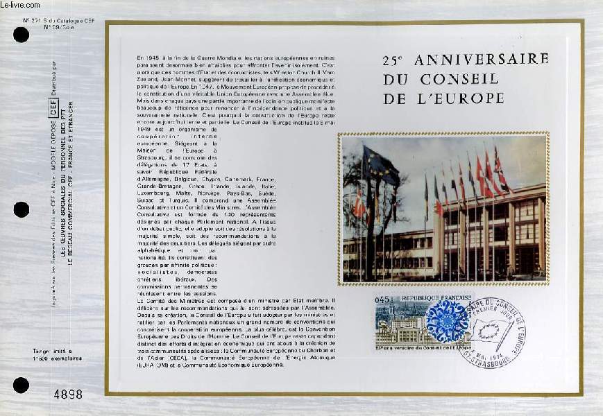 FEUILLET ARTISTIQUE PHILATELIQUE SUR SOIE - CEF - 25 ANNICERSAIRE DU CONSEIL DE L'EUROPE - N 271S - N89 SOIE