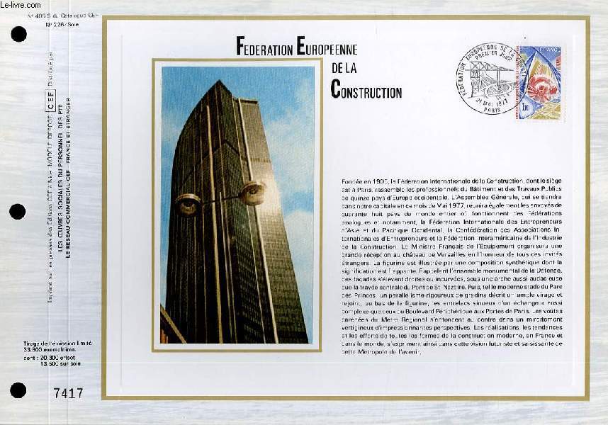 FEUILLET ARTISTIQUE PHILATELIQUE SUR SOIE - CEF - FEDERATION EUROPEENNE DE LA CONSTRUCTION - N 405S - N226 SOIE