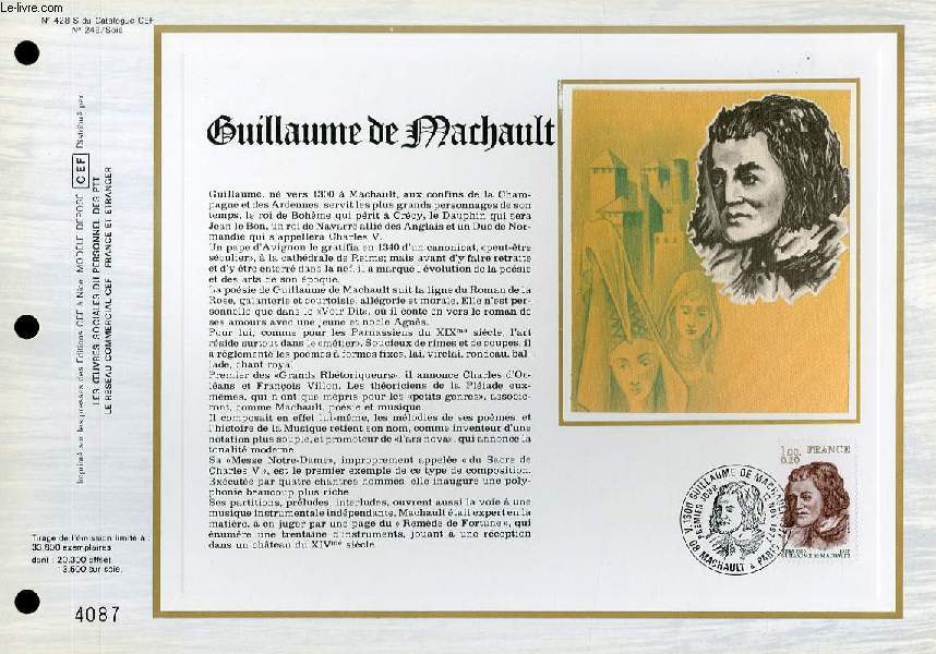 FEUILLET ARTISTIQUE PHILATELIQUE SUR SOIE - CEF - GUILLAUME DE MACHAULT - N 428S - N249 SOIE