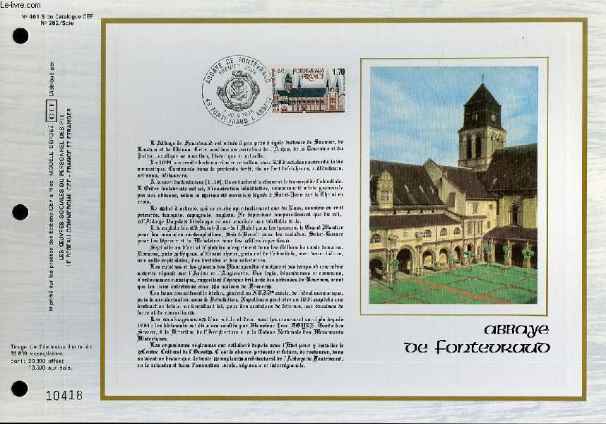 FEUILLET ARTISTIQUE PHILATELIQUE SUR SOIE - CEF - ABBAYE DE FONTEURAUD - N 461S - N282 SOIE