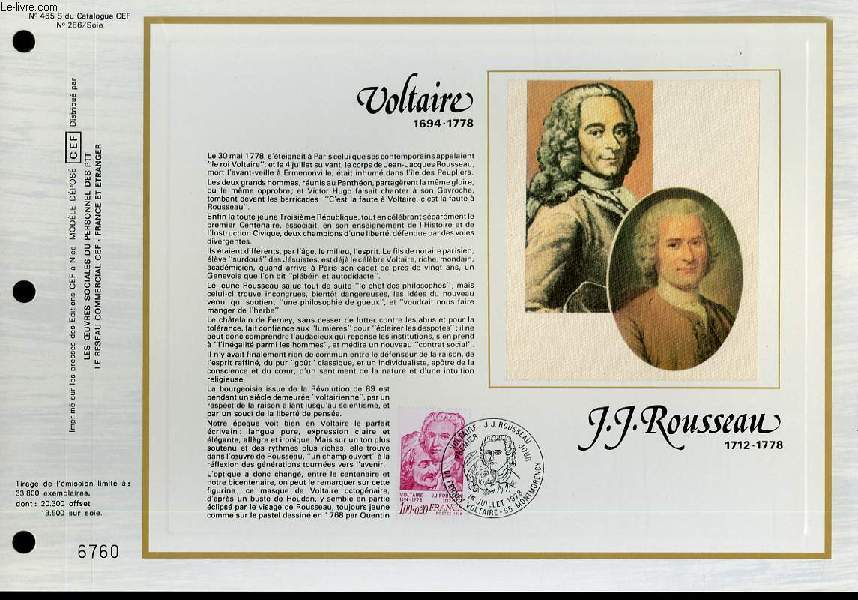 FEUILLET ARTISTIQUE PHILATELIQUE SUR SOIE - CEF - VOLTAIRE 1694 - 1778 - J. J. ROUSSEAU 1712 - 1778 - N 465S - N288 SOIE