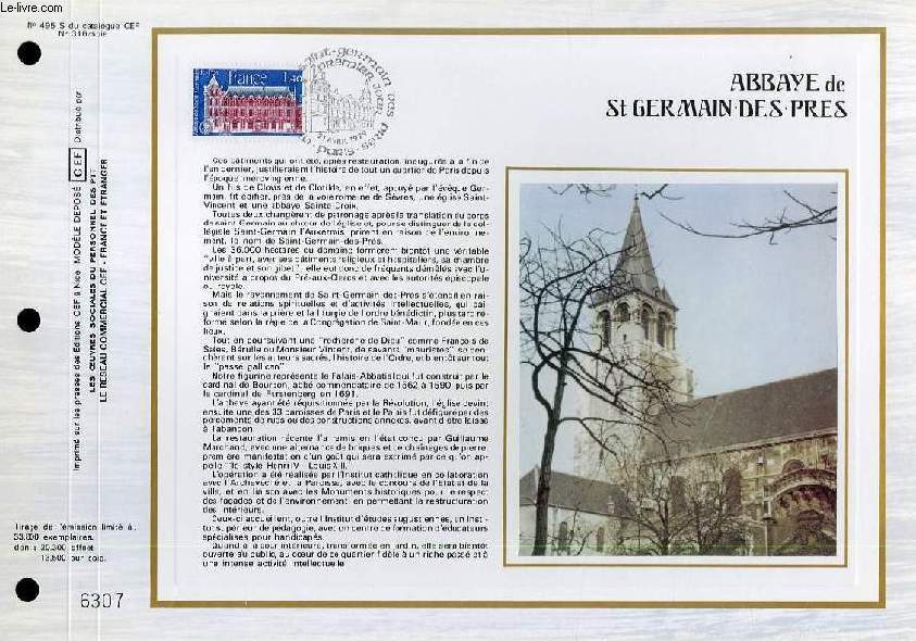 FEUILLET ARTISTIQUE PHILATELIQUE SUR SOIE - CEF - ABBAYE DE ST GERMAIN DES PRES - N 495S - N316 SOIE