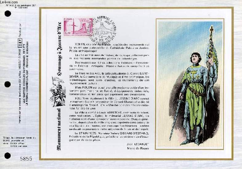 FEUILLET ARTISTIQUE PHILATELIQUE SUR SOIE - CEF - MONUMENTS NATIONAL HOMMAGE A JEANNE D'ARC - N 502S - N323 SOIE