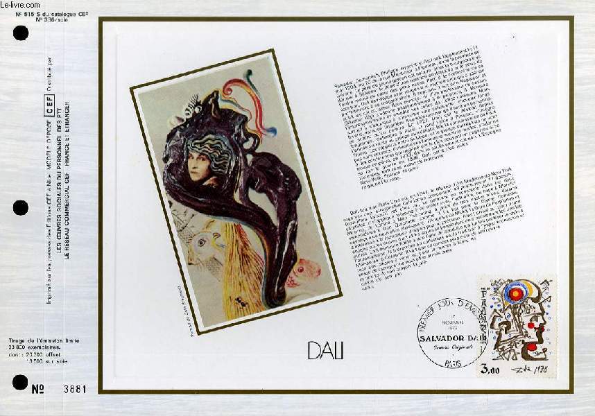 FEUILLET ARTISTIQUE PHILATELIQUE SUR SOIE - CEF - SALVADOR DALI - N 515S - N336 SOIE