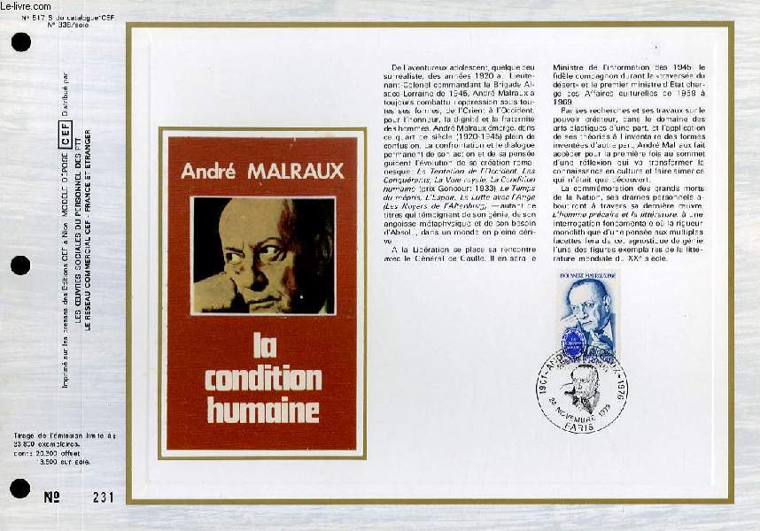 FEUILLET ARTISTIQUE PHILATELIQUE SUR SOIE - CEF - ANDRE MALRAUX LA CONDITION HUMAINE - N 517S - N338 SOIE