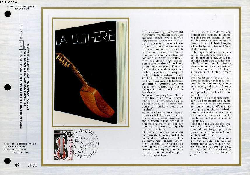 FEUILLET ARTISTIQUE PHILATELIQUE SUR SOIE - CEF - LA LUTHERIE - N 521S - N342 SOIE