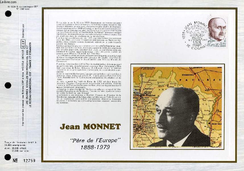 FEUILLET ARTISTIQUE PHILATELIQUE SUR SOIE - CEF - JEAN MONNET - PERE DE L'EUROPE - 1888-1979 - N 529S - N350 SOIE