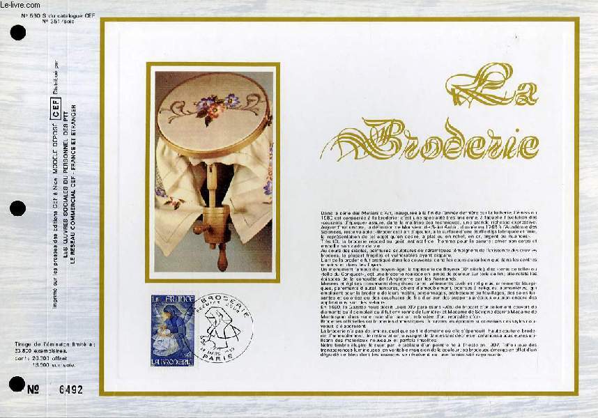 FEUILLET ARTISTIQUE PHILATELIQUE SUR SOIE - CEF - LA BRODERIE - N 530S - N351 SOIE