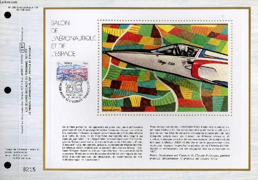 FEUILLET ARTISTIQUE PHILATELIQUE SUR SOIE - CEF - SALON DE L'AERONAUTIQUE ET DE L'ESPACE - N 588S - N409 SOIE