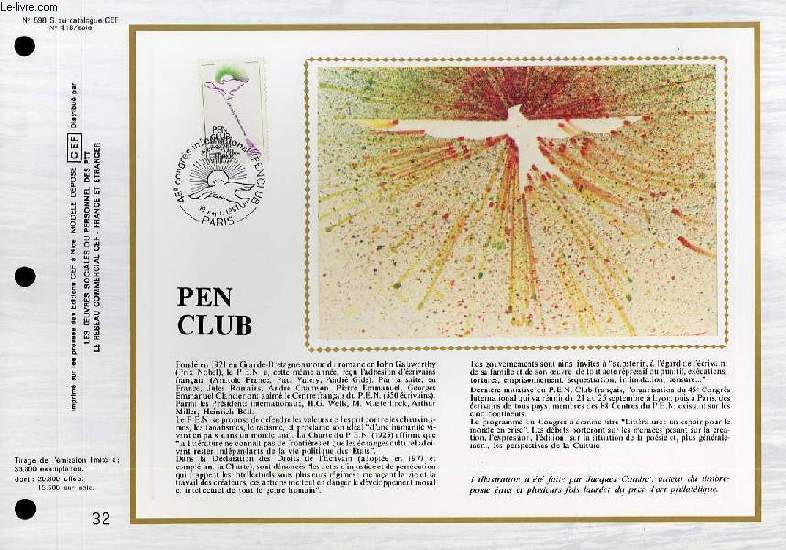 FEUILLET ARTISTIQUE PHILATELIQUE SUR SOIE - CEF - PEN CLUB - N 598S - N598 SOIE