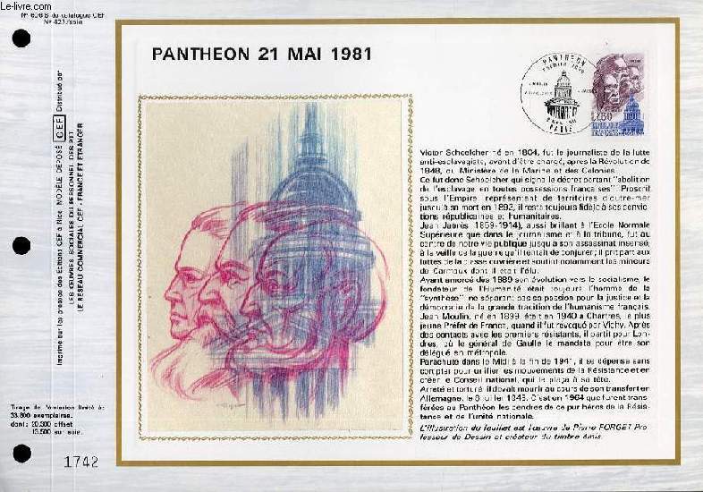 FEUILLET ARTISTIQUE PHILATELIQUE SUR SOIE - CEF - PANTHEON 21 MAI 1981 - N 606S - N427 SOIE
