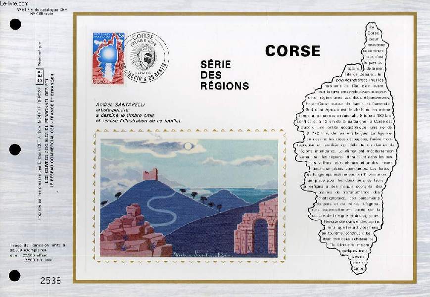 FEUILLET ARTISTIQUE PHILATELIQUE SUR SOIE - CEF - CORSE - SERIE DES REGIONS - N 617S - N438 SOIE